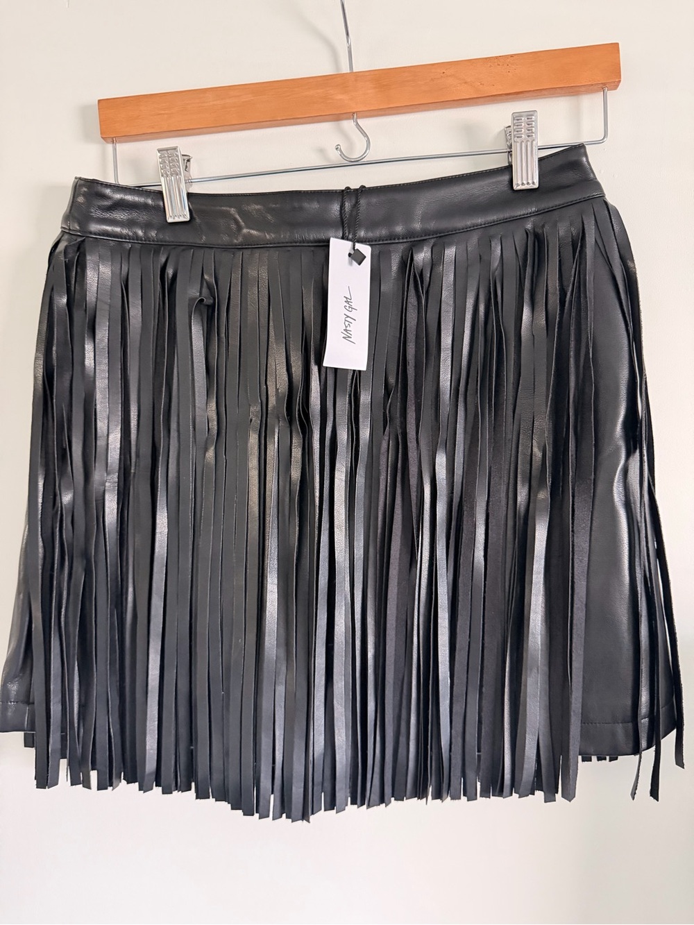 NWT Nasty Gal Black Faux Leather Fringe Mini Skirt Size 6